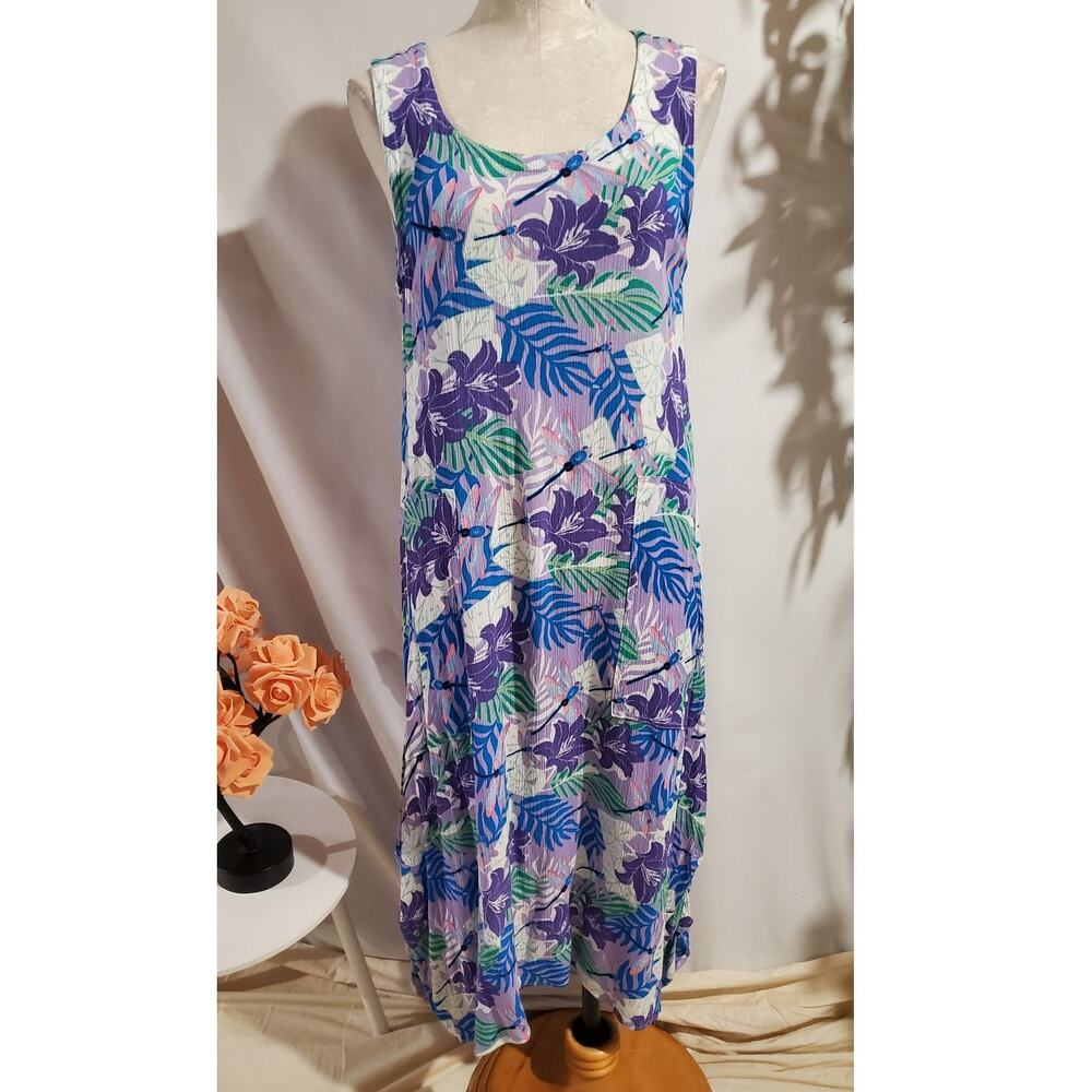 Water Lily Dragonfly Side Drape Sleeveless Maxi Dress Size L Tropical Floral
